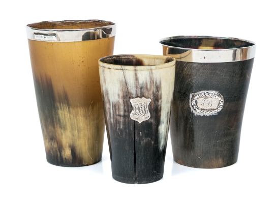 Antique English Collection Of Three Carved Horn Horn Cups, Sterling Mounted 