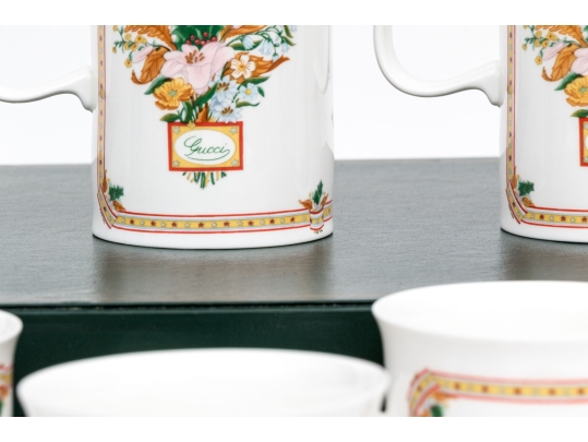 Gucci Vintage Set Of Six Bone China Christmas Themed Mugs, Boxed