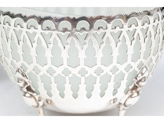 Compatible Pair Of Antique Sterling Silver And Silverplate With White Opaline Glass Baskets