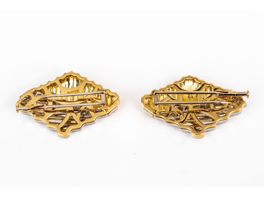 Michael Bondanza Platinum, 18k And Diamond Pair Of Opposing Deco Style Brooches, App. 1.20 TCW