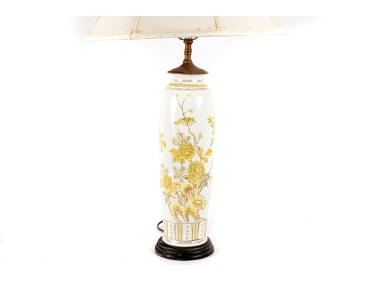 Porcelain Table Lamp With Yellow Floral And Bird Motif
