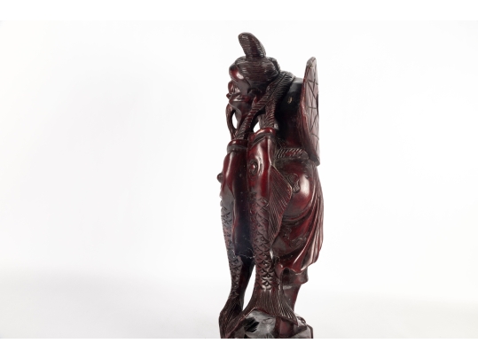 Chinese Carved Wood Figure Of Shou Lao With Carp