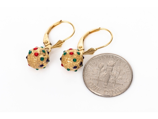 14k Yellow Gold Striking Colorful Decorated Sandblasted Ball Drop Pendant Earrings
