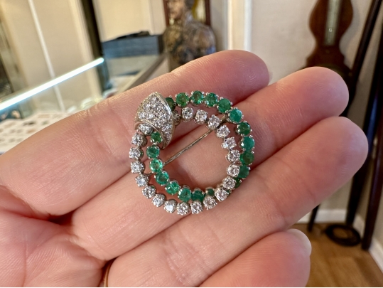 14k White Gold Fabulous Emerald And Diamond Double Circle Brooch