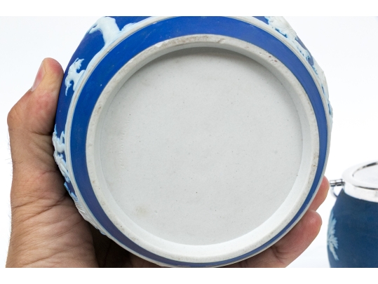 Compatible Pair Of Jasperware Biscuit Jars, Including One Wedgewood