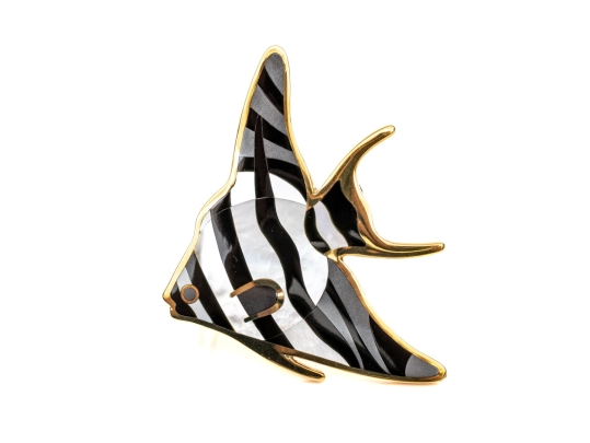 Tiffany & Co. 18k Yellow Gold Angela Cummings Stunning Inlaid Angel Fish Brooch, With Box