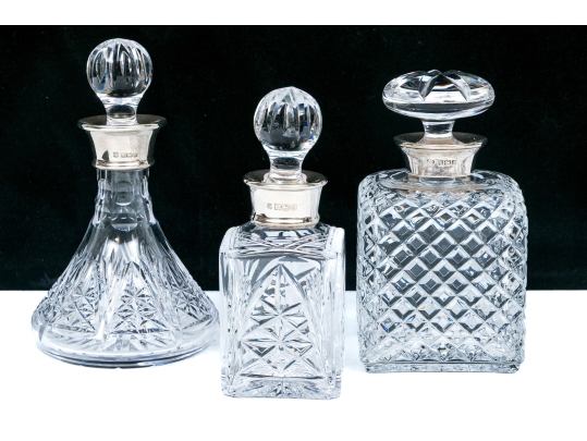 Group Of Three English Cut Glass Decanters Or Perfumes With Sterling Silver Collars