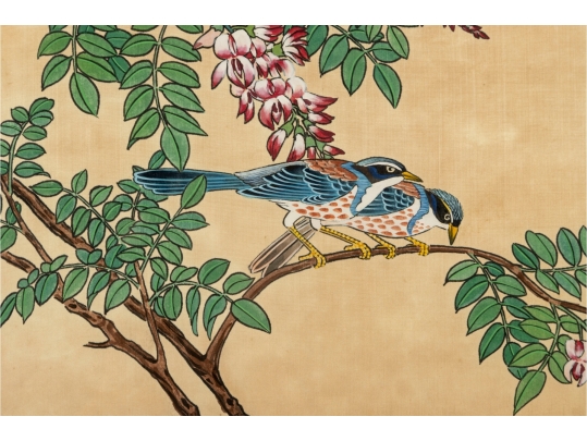 Framed Asian Painting On Silk Of Blue Jays And Blossoms