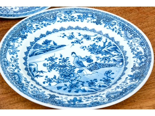 Set Of Seven Antique Chinese Export Blue And White Canton Pattern Porcelain Plates