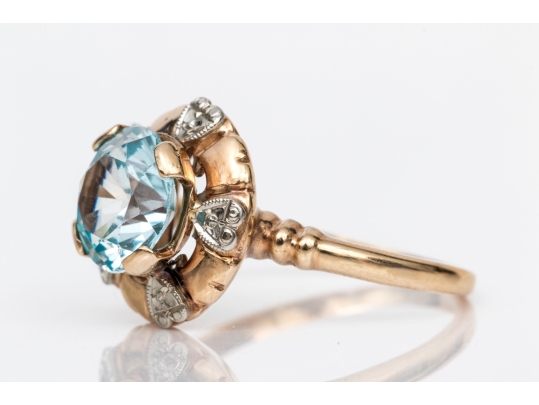 14k Yellow Gold Pretty Synthetic Blue Zircon Ring With Decoratve Border, Size 7