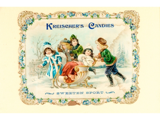 Antique Framed Color Candy Box Label, Kreischer's Candies, Sweeten Sport