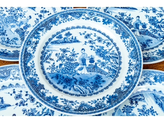 Set Of Seven Antique Chinese Export Blue And White Canton Pattern Porcelain Plates