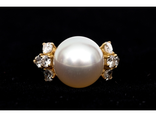 Fred 18k Yellow Gold Magnficent Vintage South Sea Cultured Pearl And Diamond Ring, Size 5.75