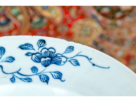 Set Of Seven Antique Chinese Export Blue And White Canton Pattern Porcelain Plates