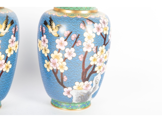 Pair Of Vintage Chinese Cloisonné Enamel Vases With Cherry Blossom Motif