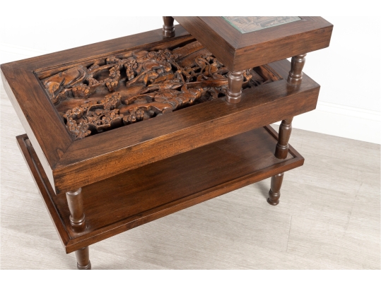 Mid-20th Century Chinese Hand-Carved Tiered Side Table With Figural Panels
