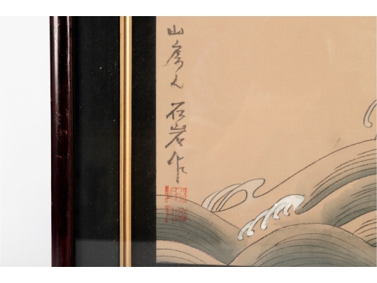 Pair Of Framed Asian Paintings On Silk Of Cranes