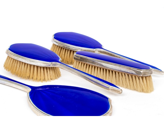 Four Piece English Sterling And Guilloche Enameled Vanity Set
