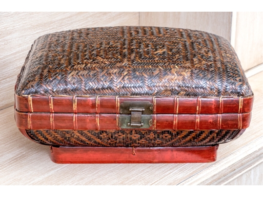 Vintage Chinese Woven Rattan And Lacquered Pillow Form Lidded Storage Box