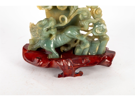 Carved Green Jade Dragon And Qilin Sculpture On Wood Base