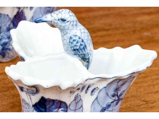 Pair Of Decorative Chinese Porcelain Trefoil Partitioned Vases