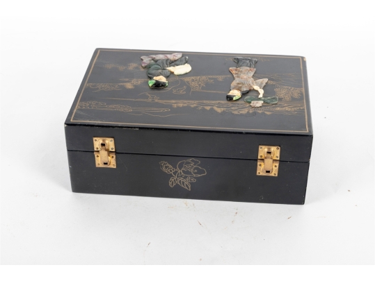 Chinese Black Lacquer Jewelry Box With Hardstone Figures