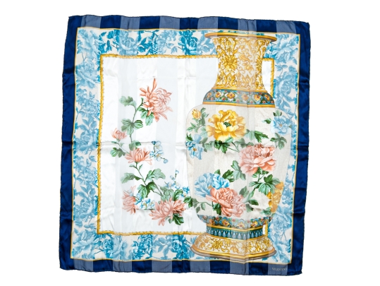Valentino Striking Vintage Blue And Pastel Toned Shadow Striped Silk Scarf