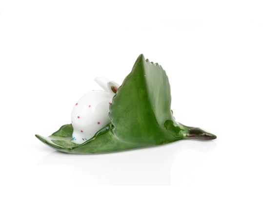 Herend Hungary Hand-Painted Porcelain, Tiny Bunny Rabbit On A Leaf 