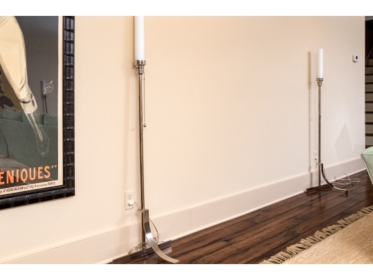 Quality Pair Of Chrome Framed Floor Lamps With Opaque Glass Shades