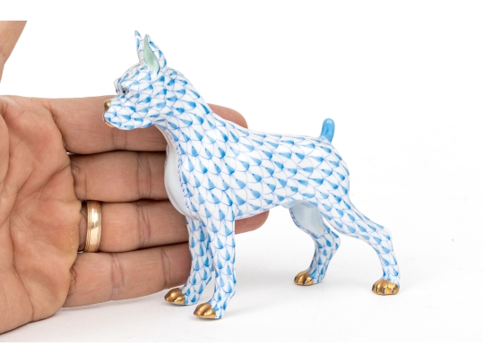 First Edition Herend Hungary Hand-Painted Porcelain Boxer Dog Figure, Blue Fishnet Pattern