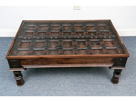 Antique Eastern Wood And Iron Heavy Door Mounted As A Table