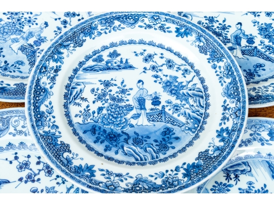 Set Of Seven Antique Chinese Export Blue And White Canton Pattern Porcelain Plates