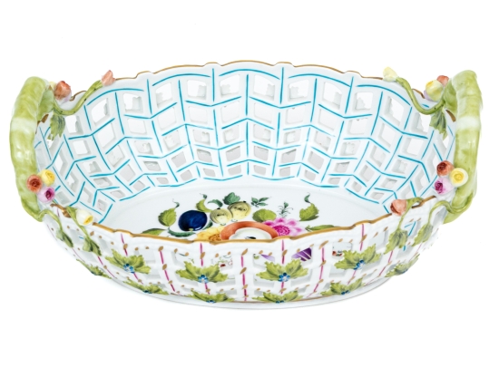 Rare Herend Hungary Hand-Painted Reticulated Porcelain Basket, Fruit & Floral (BFR) Pattern