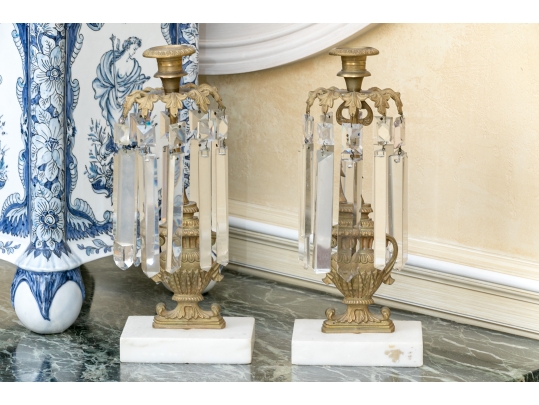 Elegant Pair Of Brass And Stone Girandole Candlesticks