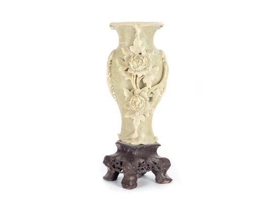 Carved Soapstone Vase With Floral Motif