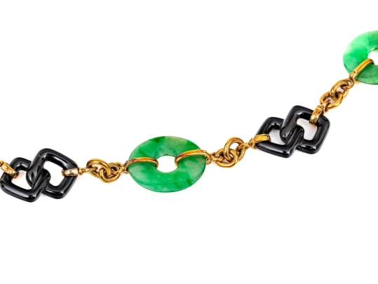 Trio 14k Yellow Gold Beautiful Vintage Nephrite Jade And Black Onyx Link Necklace