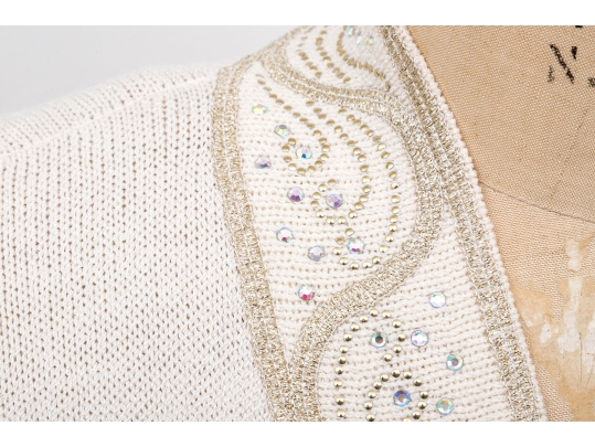 St. John Ivory White Sweater Dress With Sequinned Collar, Size 10