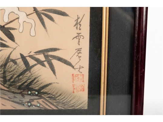 Pair Of Framed Asian Paintings On Silk Of Cranes
