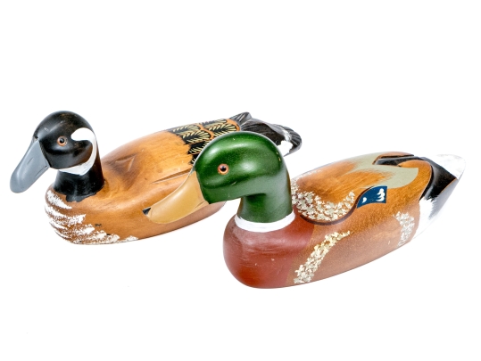 Two Hand-Painted Carved Wood Duck Decoys With Inlaid Eyes