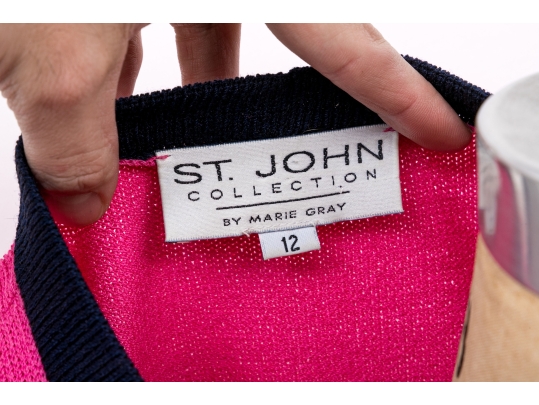 St. John Pink And Navy Blue Cardigan And Skirt Suit, Size 12