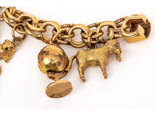 14k Yellow Gold Fabulous Vintage Travel Motif Charm Bracelet, With 14k, 10k And 9k Assorted Charms