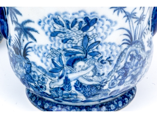 Pair Of Decorative Chinese Export Style Blue And White Twin Handled Wine Coolers