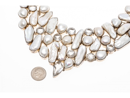 Impressive Sterling Buroque Pearl And Quartz Festooned Necklace