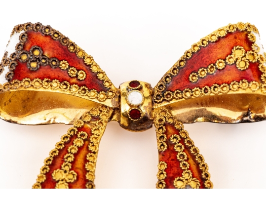 French 800 Vermeil Silver Beautiful Ornate Red And White Fringed Enamel Bow Brooch