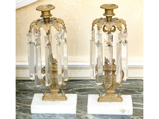Elegant Pair Of Brass And Stone Girandole Candlesticks