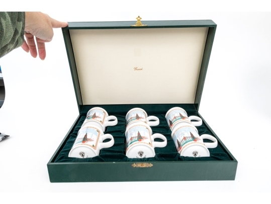 Gucci Vintage Set Of Six Bone China Christmas Themed Mugs, Boxed