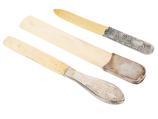 Group Of Three Antique Bone And Silver Letter Openers