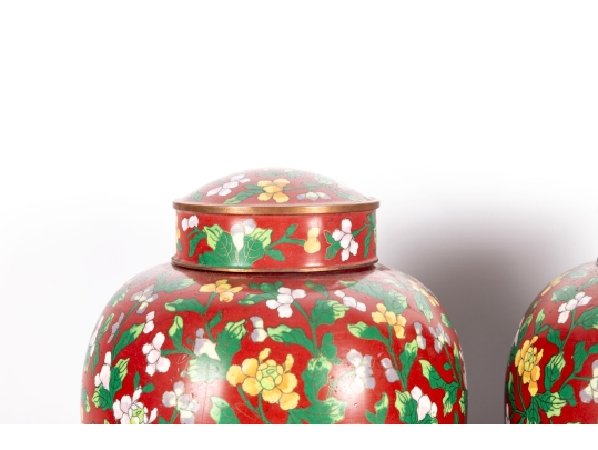 Pair Of Chinese Cloisonné Red Lidded Ginger Jars With Floral Motifs