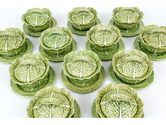 Set Of Twelve Portuguese Bordallo Pinheiro Hand-painted Cabbage Form Tureens With Underplates