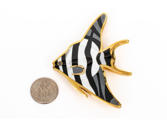 Tiffany & Co. 18k Yellow Gold Angela Cummings Stunning Inlaid Angel Fish Brooch, With Box